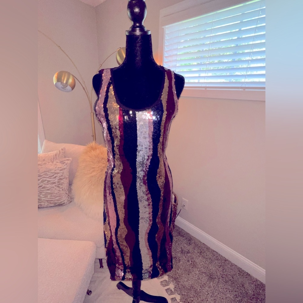 RACHEL ROY: Multi Color Sequin/Black Dress - Size Medium